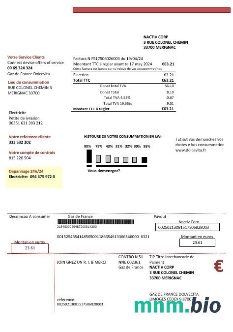 France Gaz de France Dolcevita rachunek za usługi komunalne szablon w formacie Word i PDF
